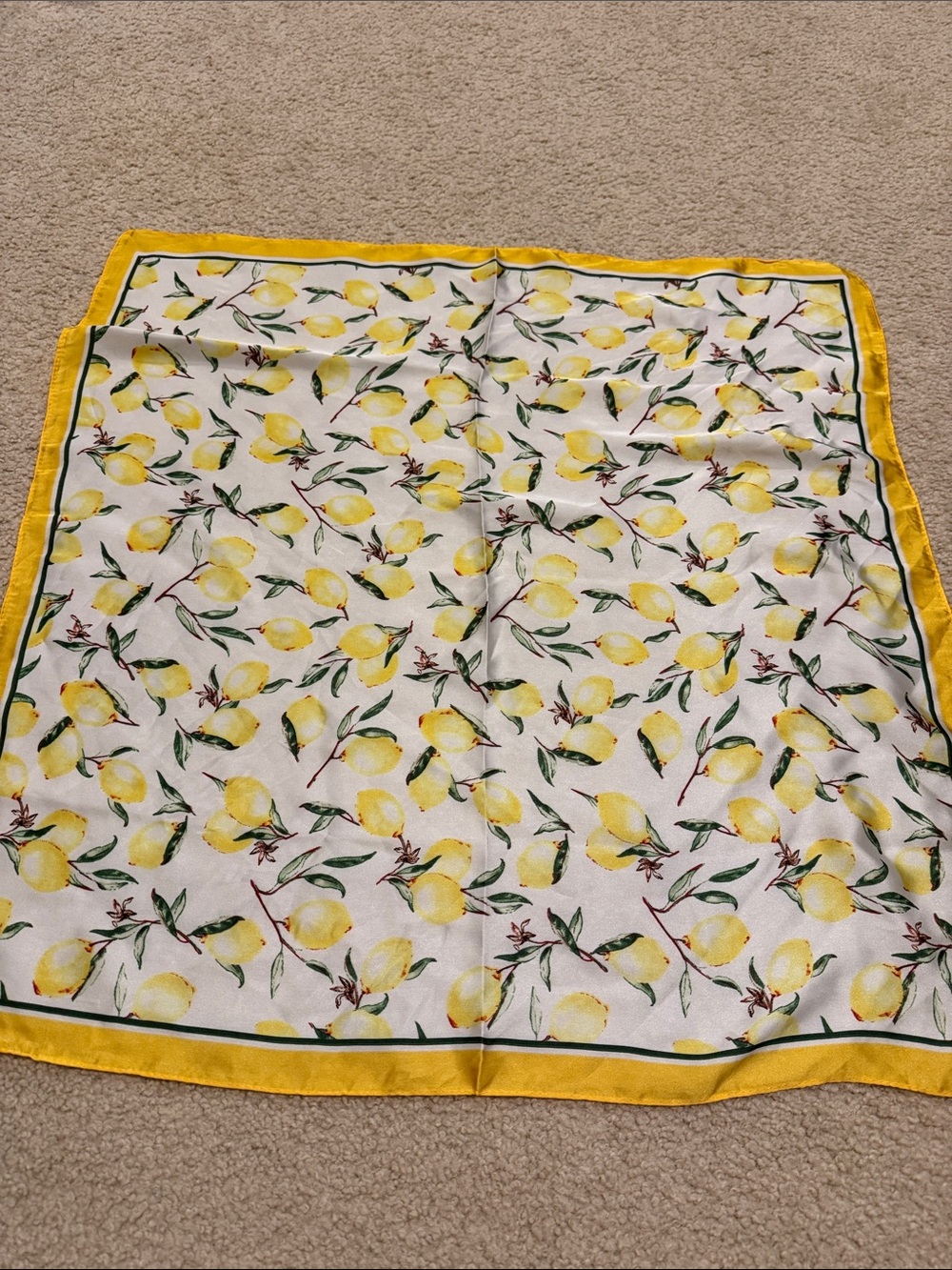 *Lemon Print Silk-Feel Square Scarf - Yellow & White - Picture 2 of 3